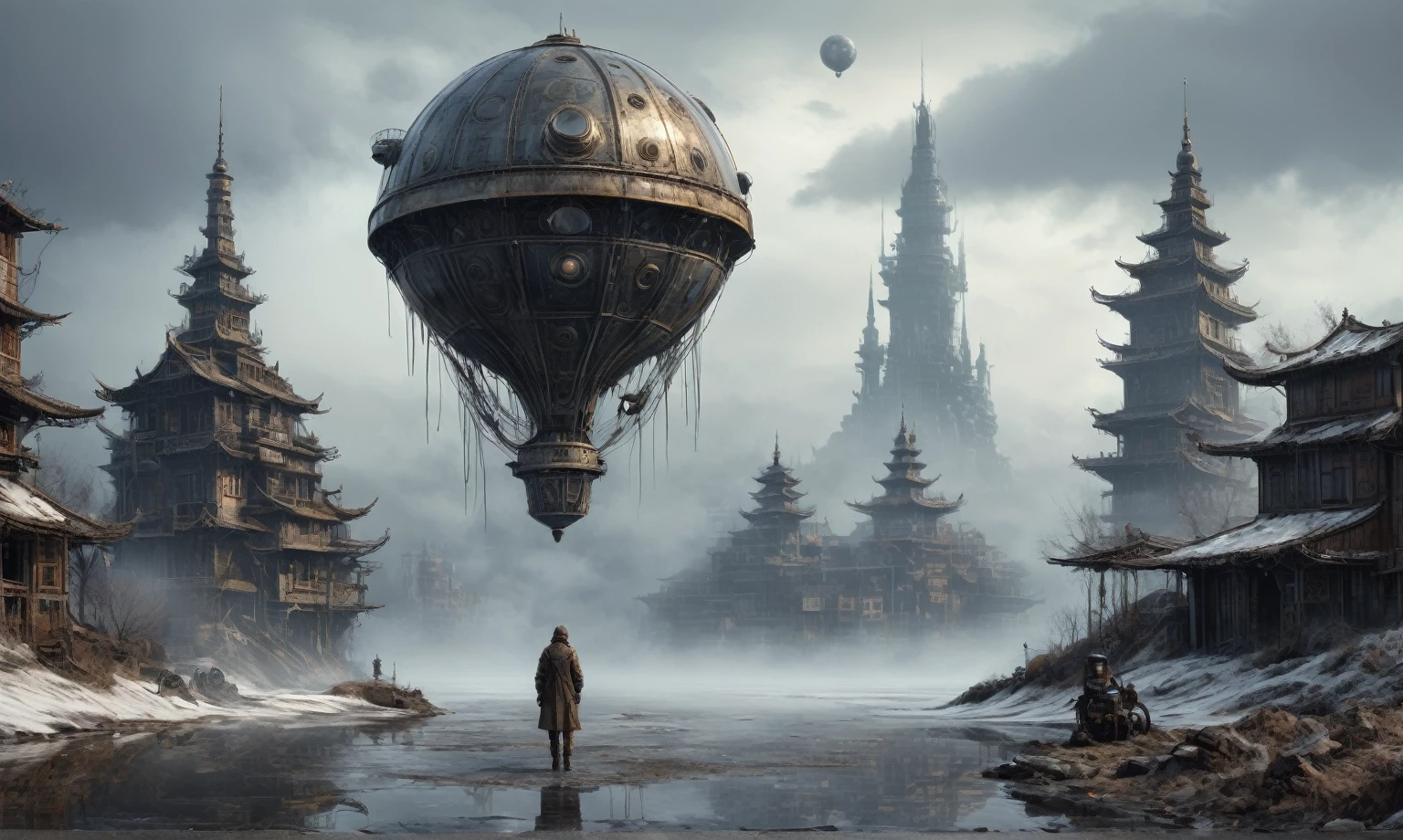 insane pilot from USSR ,pinhead, camouflage Rusty, Ambient in a meteorite ,graphite witch after a psychiatric clinic,winter,intricate landscape,slate grey atmosphere,film grain,faded,eyes extremely detailed,another world,ring of truth,view from height,once pretty face,eyebrow up,full body shot,ominous landscape, Simon Stalenhag,Nicola Samori,full body shot,beggar paladium The Alien Entity,Technicolor,natural skin textures, hyper realism, hyper detailed,Extremely detailed,High contrast,Masterpiece,Realistic,Ultra Detailed, intricate details,realistic humid leather,extremly intricate,Epic Realistic, cinematic style,irina yermolova,high contrast,hdr,extremely detailed, deep night landscape,masterpiece,intricate details,faded,eyes extremely detailed, high detailed eyes,8k resolution,RAW,retina, Nikon Z9,China,Guangxi Zhuang of China,tkt style,ears perfect, transition between two art styles, Ink painting to photorealism, Double contact, X-ray, Creative, vivid light, masterpiece, fantasy, Abstract Surrealism, super detailed, high resolution, stop:35;Her skin is pale, almost translucent,ancient rock,a hot air soars through the layers of clouds, revealing a colossal and enigmatic cityscape nestled within. The buildings in this ethereal city are adorned with intricate details and exude an aura of mystery. Above the cityscape, lend an enchanting touch to the scene. steampunk. The intricate mechanics create a sense of wonder and fascination, as if stepping into a dreamlike realism