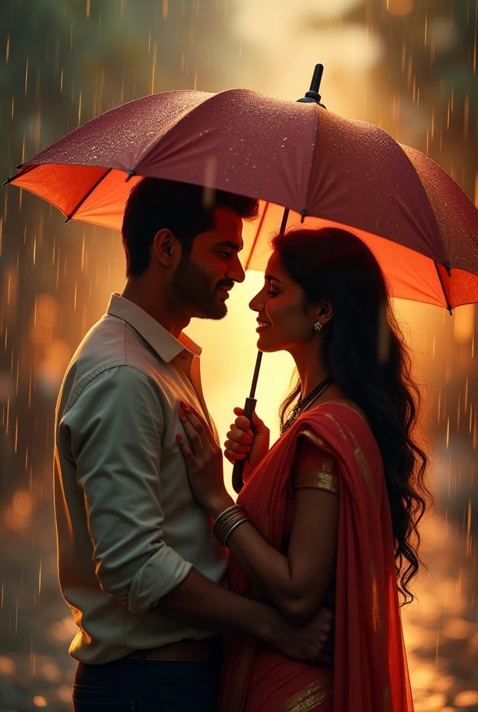 South indian couple with romantic look. Under the umbrella in a slow rain fall. Normal dress. Close shot. Hands on sholder looking straight 