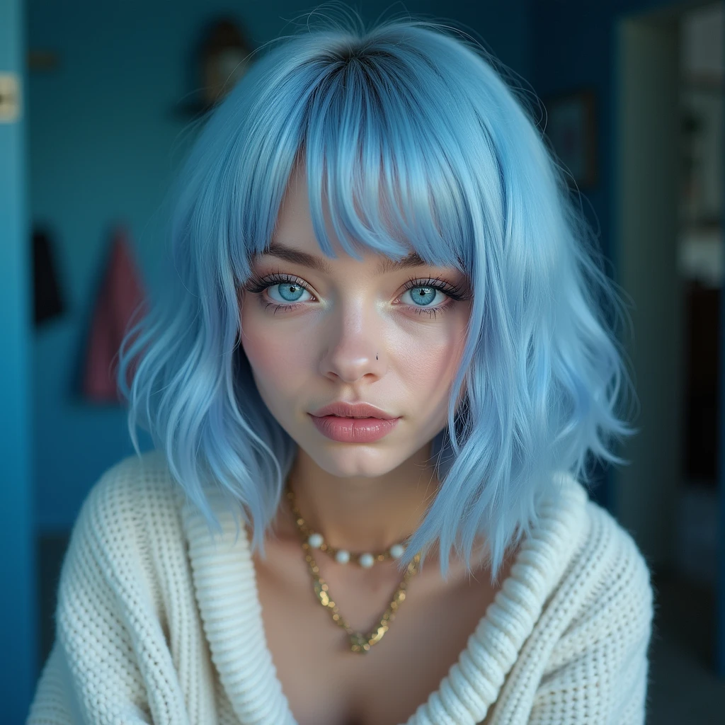 (Best quality, 8k, 32k, Masterpiece, UHD:1.2),Photo of Pretty 18 teen american woman, large breasts, very short bob hair,upper body,face focus,(oversized_sweater,:1.1) necklace, background, looking at viewer, leaning forward, (((blue hair with sliver bangs))), (((vibrant light blue eyes))) (((award winning detail)) ((avatar makeup and popstar clothes)))