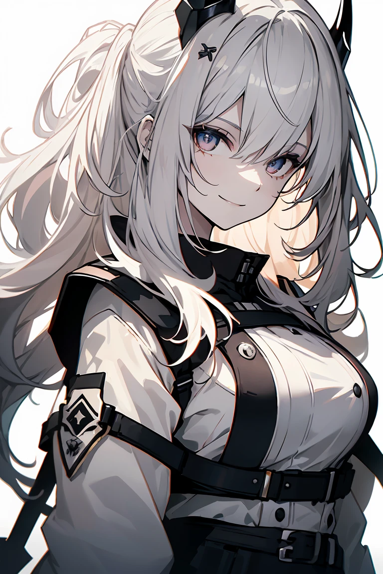 One Girl, whole body, White one-piece military uniform, (Tabletop:1.2, Highest quality), (Beautiful, detailed eyes: 1.2), (Beautifully detailed face), High Contrast, (Backlighting, Very delicate and beautiful、Front lighting), ((Cinematic Light)), Dramatic Light, very orange eyes, Large Breasts, Belt under the chest, White military uniform, White Skirt,Black Hair, Black tie,  (Pale white background:1.5), Wolf Cut Hair, Look at me and smile,horn、Front lighting、Illuminate the face、light source、Backlighting