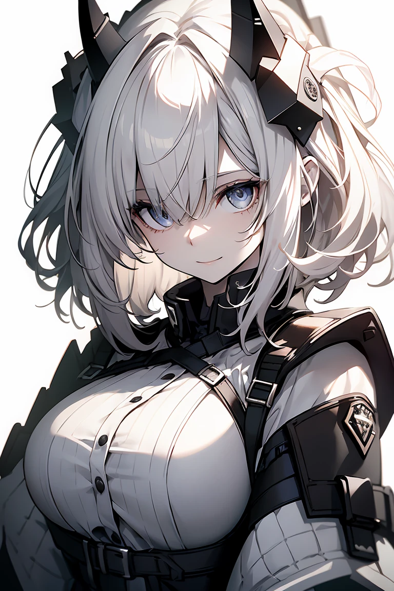 One Girl, whole body, White one-piece military uniform, (Tabletop:1.2, Highest quality), (Beautiful, detailed eyes: 1.2), (Beautifully detailed face), High Contrast, (Backlighting, Very delicate and beautiful、Front lighting), ((Cinematic Light)), Dramatic Light, very orange eyes, Large Breasts, Belt under the chest, White military uniform, White Skirt,Black Hair, Black tie, (Pale white background:1.5), Wolf Cut Hair, Look at me and smile,horn、Front lighting、Illuminate the face、light source、Backlighting