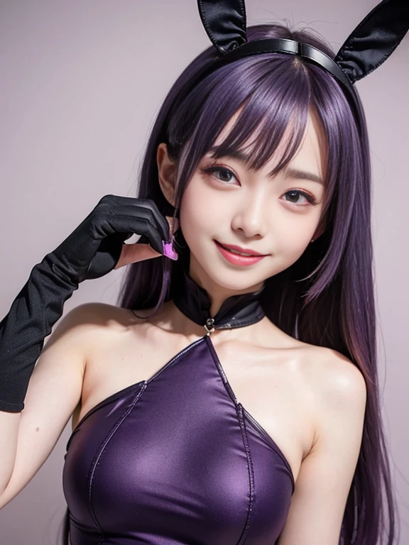 young, A beautiful Japanese actress wearing a villain costume inspired by a female devil.. The costume is a shiny body suit with a pink and purple color scheme.. her headpiece and makeup、A unique design with the theme of lipstick and cosmetic bottles.。, With headpiece. Characterized by villain-like makeup, With bold lipstick and dramatic eyeshadow. she is smiling charmingly, Captures the essence of a charismatic but dangerous character, action combat pose. At night, outdoor, town.