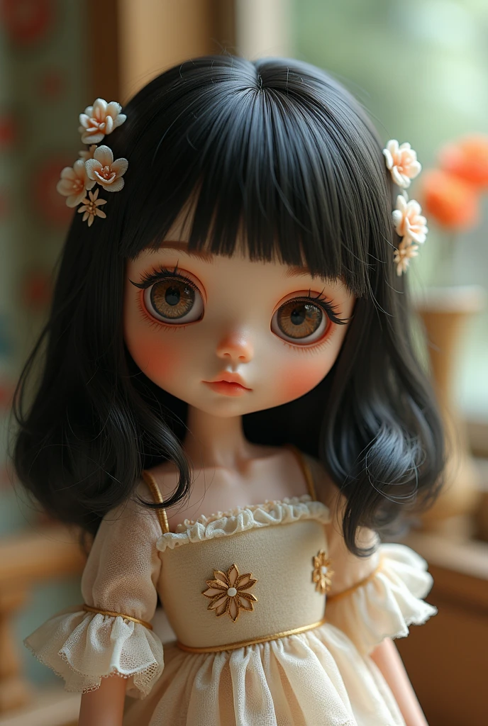 Blythe doll with shoulder-length dark hair and bangs, cinnamon color, cachetóna, chinese eyes