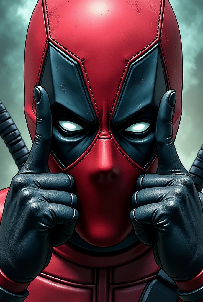 Deadpool pressing against the glass, front view 
