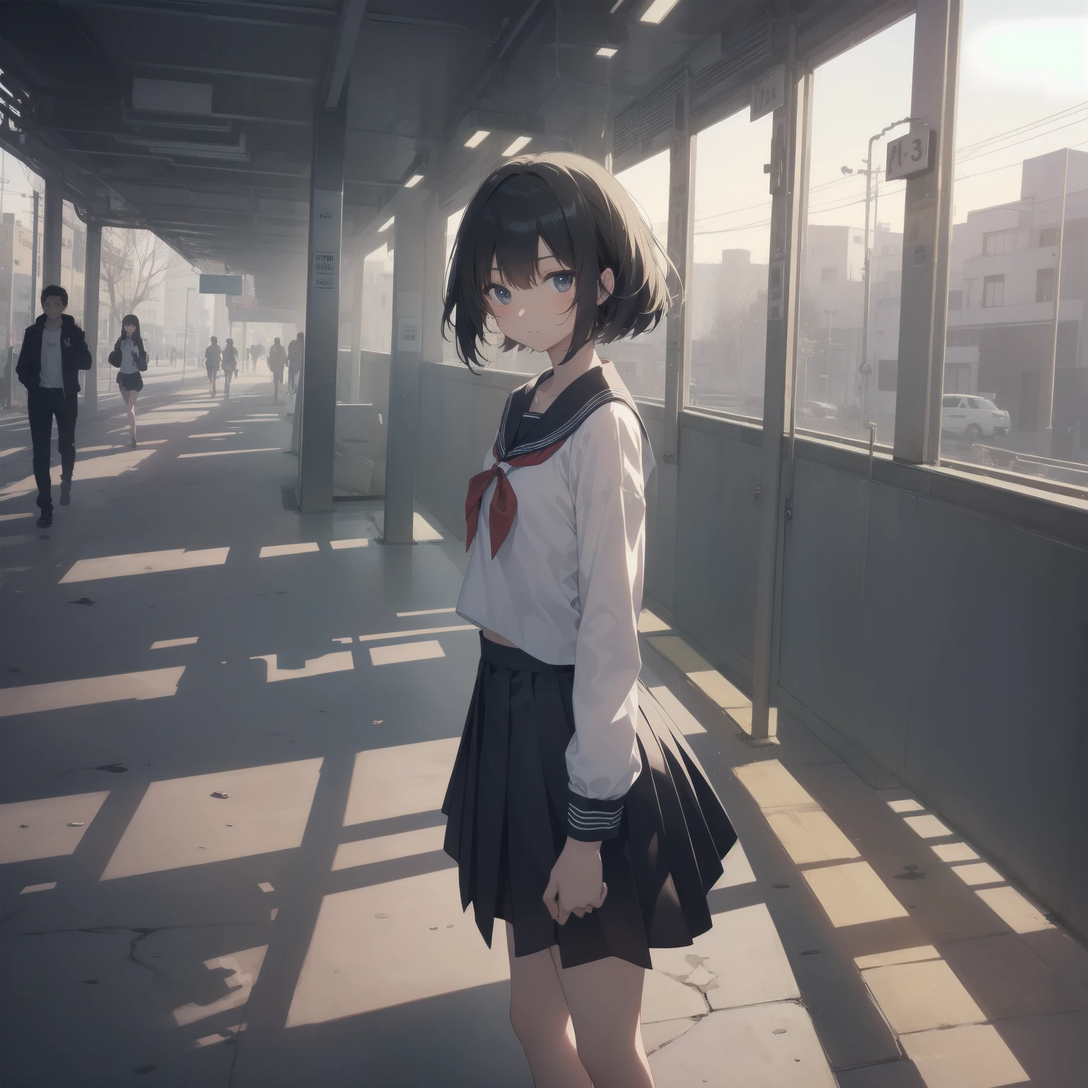 ultra-absurdres-Top quality by artist God, ultra-detailed, high resolution, anime moe artstyle, best anime 8k konachan wallpaper, pixiv contest winner, pool:2810, perfect anatomy,break, 1girl, (Please draw a girl walking sleepily to school alone. )break,(Solo,little female, 13-year-old:1.3),Full limbs, complete fingers,a junior high school student, (very short hair), short cut, flat chest, , small butt, small black eyes, beautiful detailed eyes, well-proportioned iris and pupils, expressive eyes, highres detailed hair, soft expression, salor school_uniform, sailor collar, serahuku, bow, pleated skirt,(Detailed Lighting), (Detailed background), in the School commute route. break,super detailed skin, Best cinematic lighting powered by famous artist, 8k,beauty illustration,photoshop_(medium),very aesthetic,break,((artist:ishikei )), artist:clamp ,artist:carnelian ,artist:kantoku ,