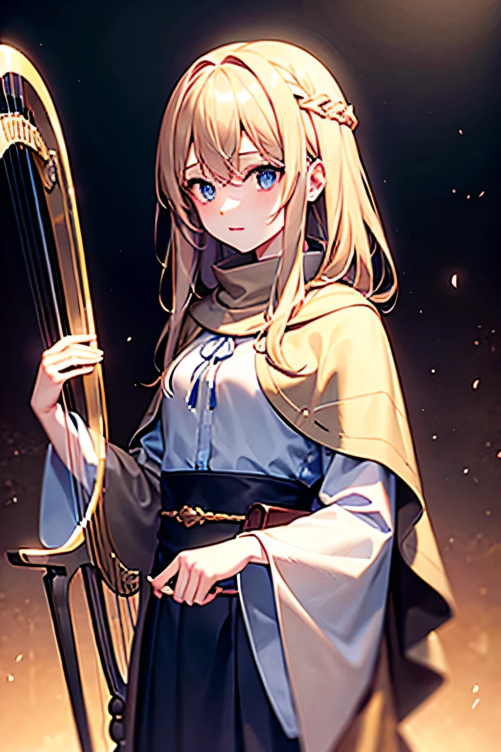 (masterpiece), anime, (photo_(Moderate):1.0)1 girl, in medieval landscape, Watercolor painting style, golden pupils, shawl medium length hair, Bright blonde hair,holding harp,Bard,medieval traveler clothing。
