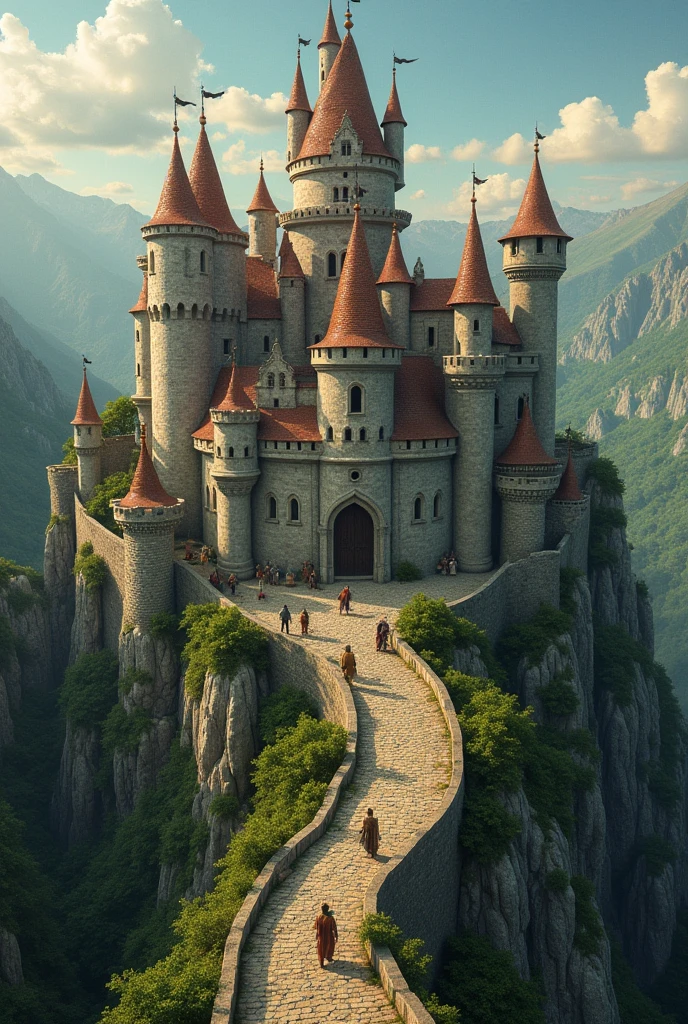 Aerial view of a fantasy kingdom with its walls and its people 