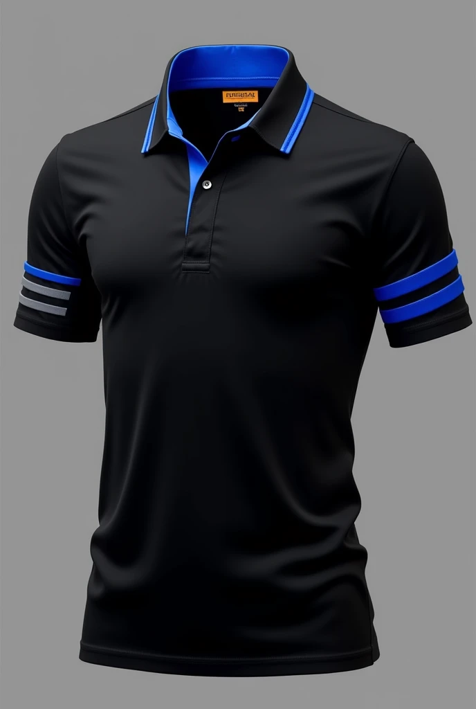 A black polo shirt with royal blue and grey lines on the collar and sleeves. 
