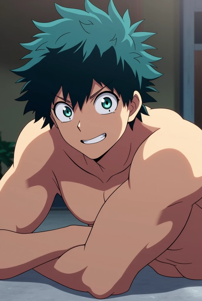 Boku no hero academia screenshot of a muscular boy with dark blue hair and blue-green eyes without clothes lying on the floor face up smiling flirtatiously with Boku no Hero academia animation