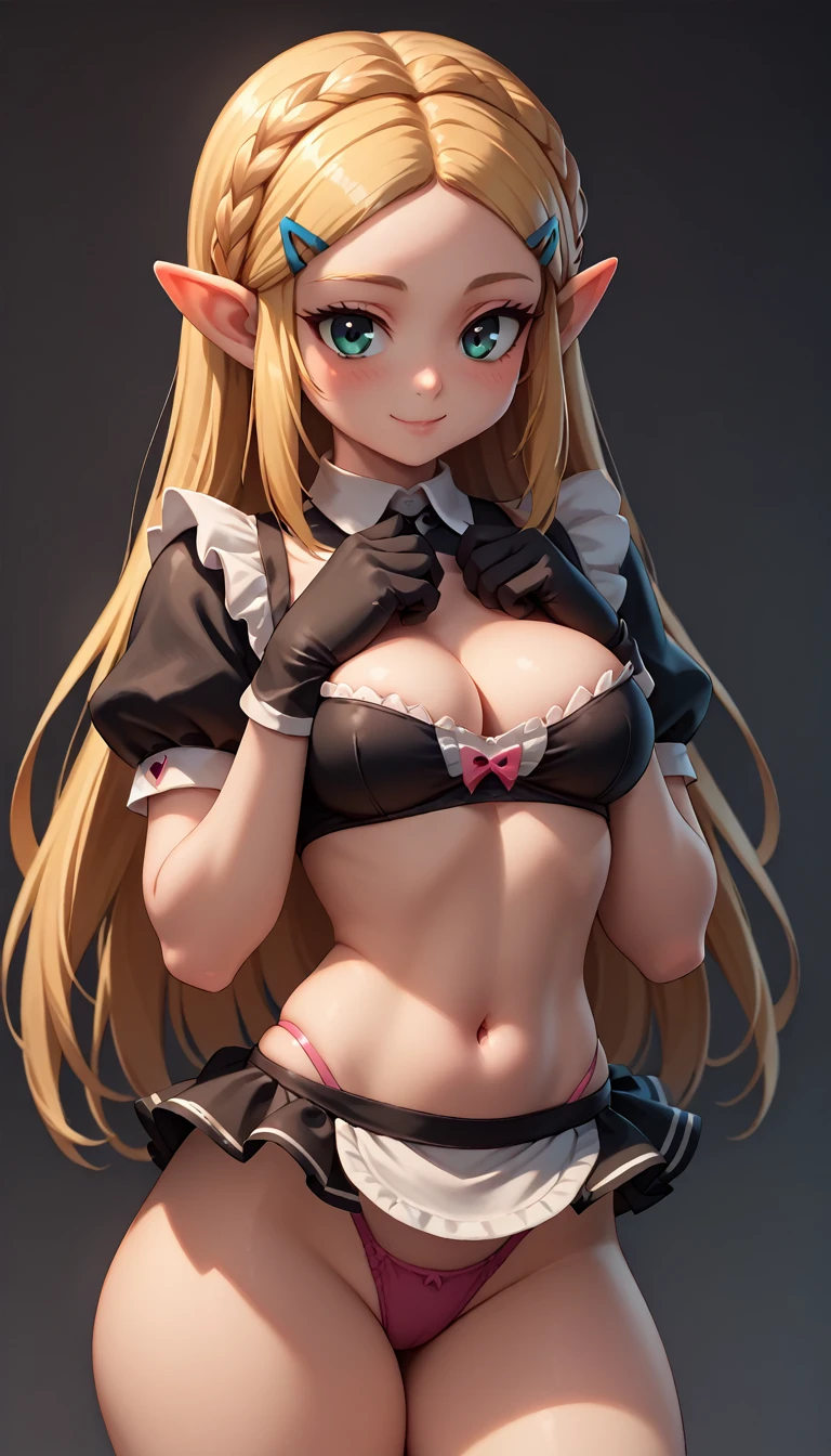 High resolution, Very detailed, perfect lighting, beautiful detailed eyes, ((masterpiece,Best Quality)), absurdities, alone, princess zelda, by the width, crown braid, Hair clip, pointy ears, Gloves without fingers, black gloves, smile, curves, nod, , deep neckline, deep neckline, short skirt, visible underwear, pink thong, touching her breasts in a sexy way, close up, Sexy maid costume, black Sexy maid costume, Thinking in the future