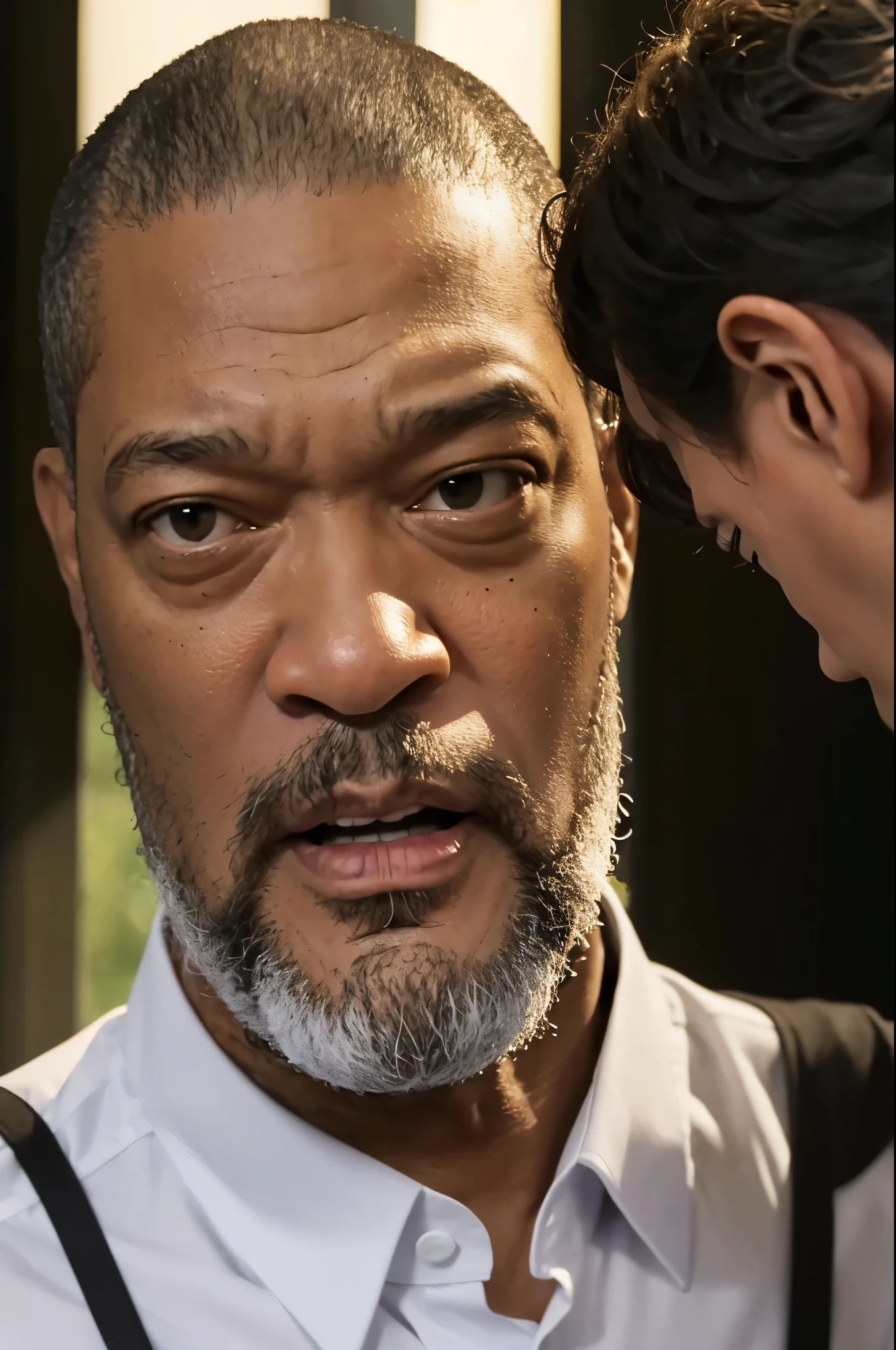 Two people are arguing, (((Laurence Fishburne))), (((Hugh Laurie))) , (((Wearing clothing from Bible times))), Bald black man, Dressed in white, arguing with evil looking Hugh Laurie, (聖書のDressed in whiteHugh Laurie), (Hugh Laurie and Laurence Fishburne arguing), ((Extreme close up)), (close)