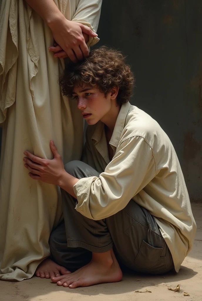 Make a 16 year old curly haired boy crying kneeling and hugging Jesus&#39; legs