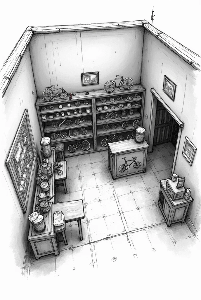 Sketch of a small bike shop with a view from above