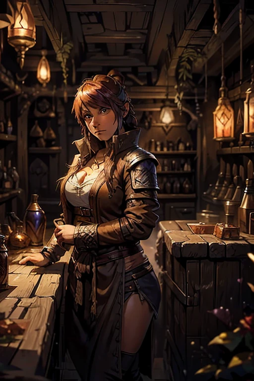Dungeon and dragons style, Scene where team of adventurers visiting quiet tavern, tired female bartender looks at them tired over the massive countertop, she has thick hide jacket, view of scene is from above the shoulder of one of the adventurers
