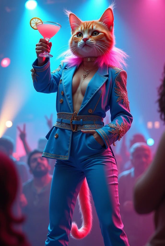 Realistic Popstar diva with orange cat head on a danceclub with a milky marguerita drink on hand with blue and pinks clothes