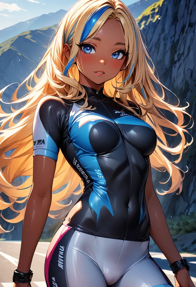 (highest quality:1.2, Very detailed, up to date, Vibrant, Ultra-high resolution, High Contrast, masterpiece:1.2, highest quality, Best aesthetics), Portraiture、girl、(slim:1), long hair, ((wavy hair:0.6))、messy hair, blonde and blue ((streaked hair:1.3)), highlights hair: 1.3, blue eye, medium breast, (tan skin:1.3), road racer, Bright colors、Beautiful fine details、Beautiful lip detail、road bike in background, wearing road bike helmet, cycling wear, mountain road, (cowboy shot:1.5), look at viewer