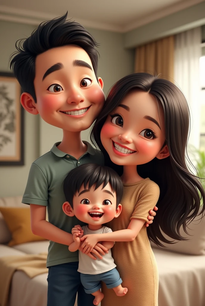 4D caricature of three people consisting of father, mother and son., 30-year-old Thai parents, long-haired mother, 4-year-old son, Asian people, Looks like a lot of fun., Behind the scenes of the beautiful living room,Hyper-realistic high color effect, 8k, detail, focus