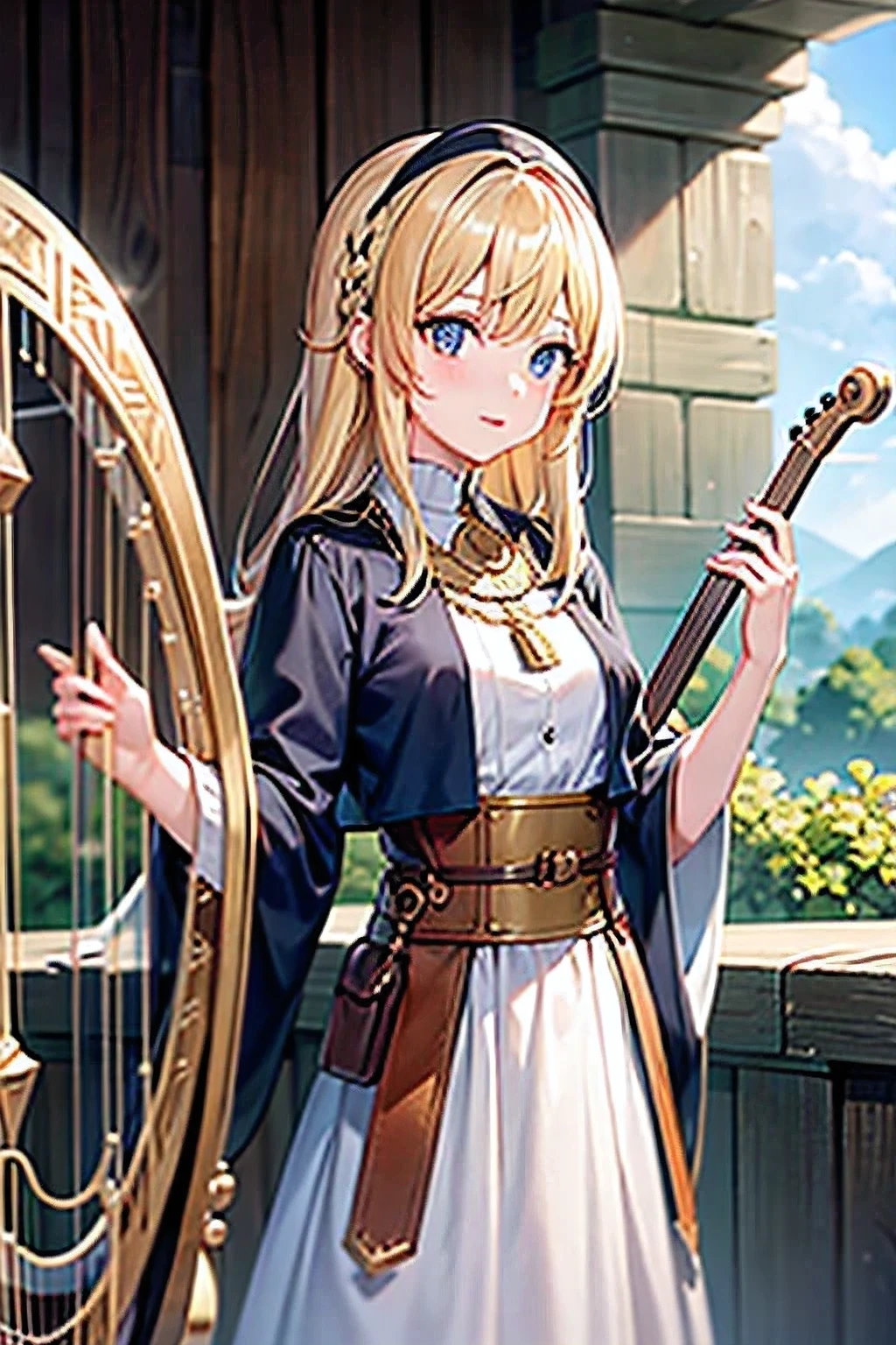(masterpiece), anime, (photo_(Moderate):1.0)1 girl, in medieval landscape, Watercolor painting style, golden pupils, shawl medium length hair, Bright blonde hair,holding harp,Bard,medieval traveler clothing。