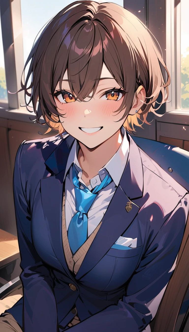 best quality ,18 years old, a man, Brown Hair, Short Hair, smile,blazer,Blue tie, high school student