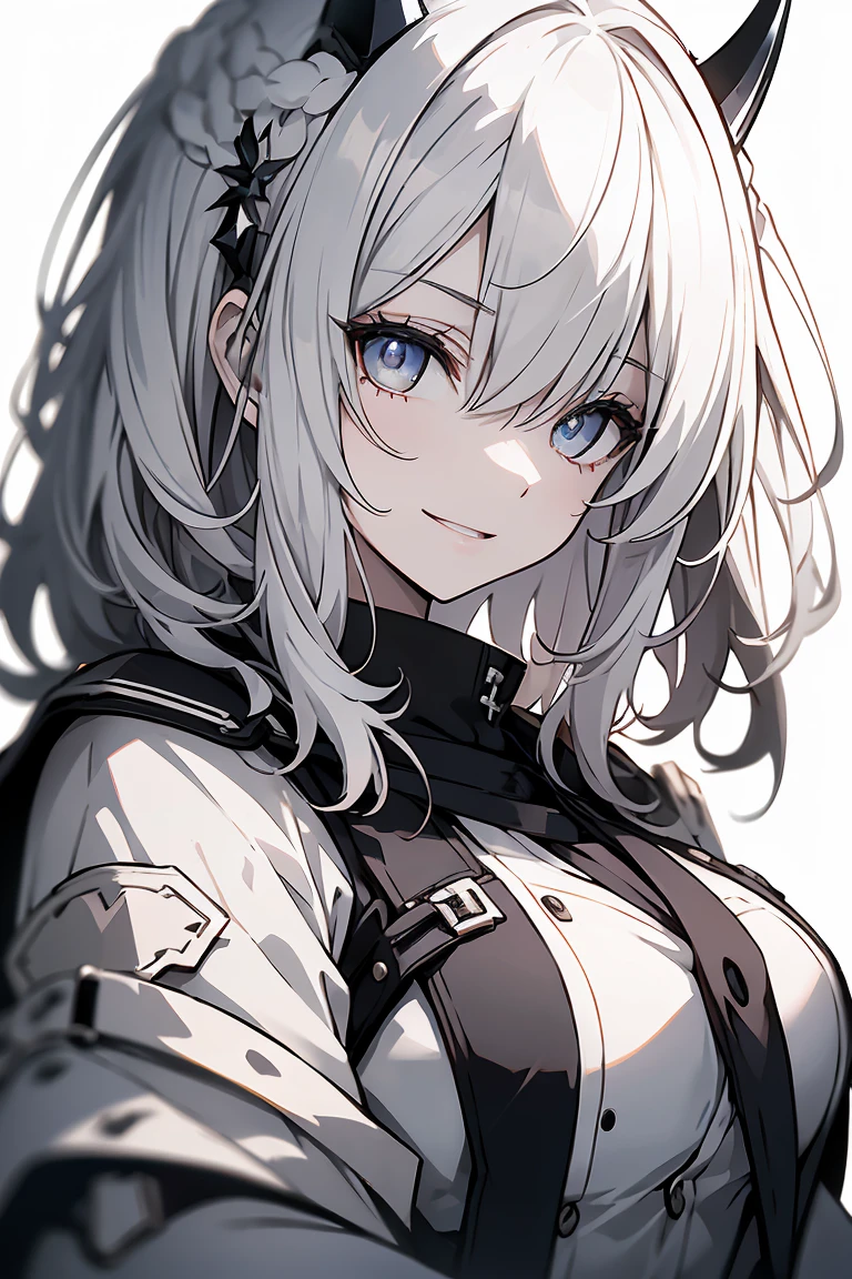 One Girl, whole body, White one-piece military uniform, (Tabletop:1.2, Highest quality), (Beautiful, detailed eyes: 1.2), (Beautifully detailed face), High Contrast, (Front light illumination, Very delicate and beautiful、Front lighting), ((Cinematic Light)), Dramatic Light, very orange eyes, Large Breasts, Belt under the chest, White military uniform, White Skirt,Black Hair, Black tie, (Pale white background:1.5), Wolf Cut Hair, Look at me and smile,horn、Front lighting、Illuminate the face、light source、Front light illumination