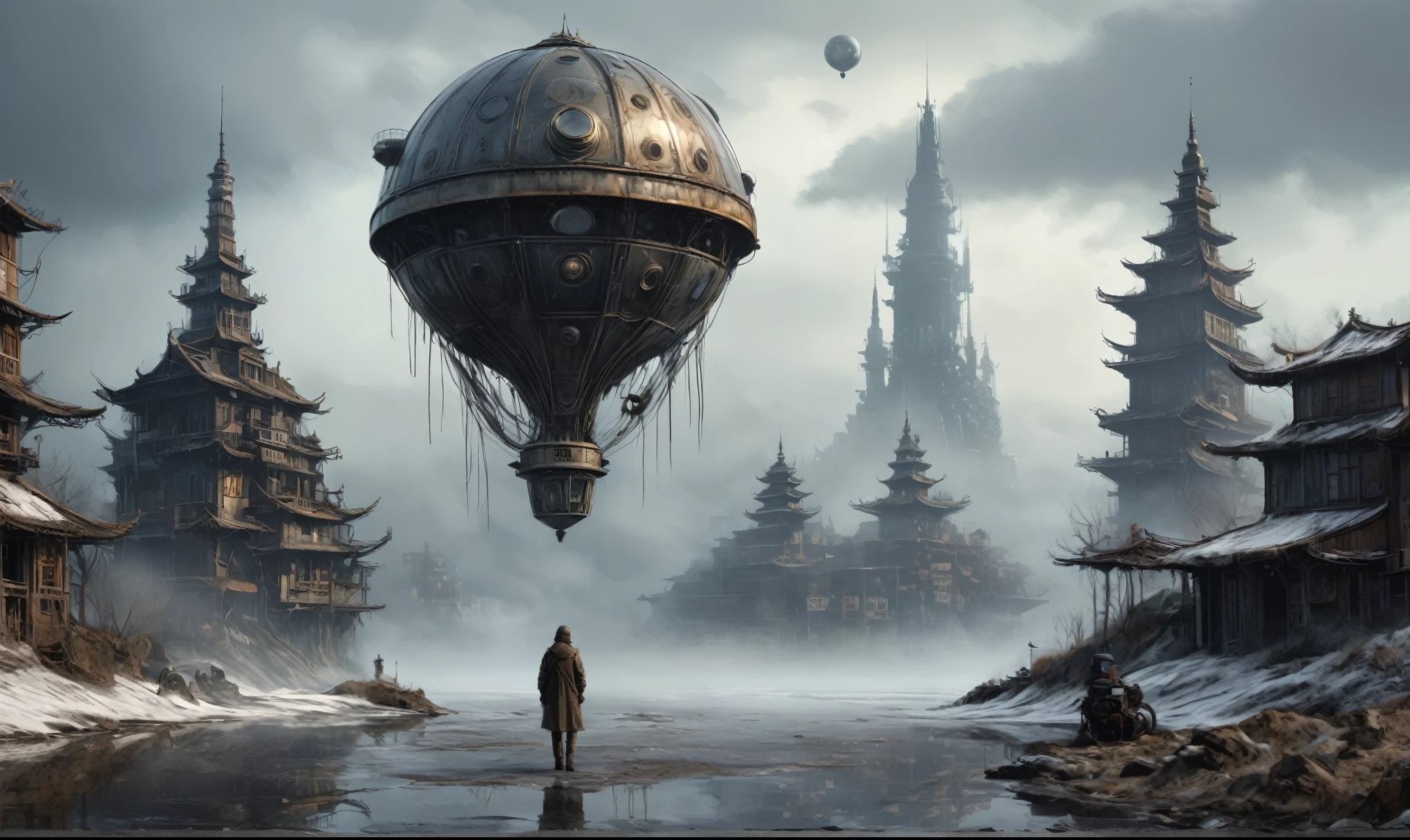 insane pilot from USSR ,pinhead, camouflage Rusty, Ambient in a meteorite ,graphite witch after a psychiatric clinic,winter,intricate landscape,slate grey atmosphere,film grain,faded,eyes extremely detailed,another world,ring of truth,view from height,once pretty face,eyebrow up,full body shot,ominous landscape, Simon Stalenhag,Nicola Samori,full body shot,beggar paladium The Alien Entity,Technicolor,natural skin textures, hyper realism, hyper detailed,Extremely detailed,High contrast,Masterpiece,Realistic,Ultra Detailed, intricate details,realistic humid leather,extremly intricate,Epic Realistic, cinematic style,irina yermolova,high contrast,hdr,extremely detailed, deep night landscape,masterpiece,intricate details,faded,eyes extremely detailed, high detailed eyes,8k resolution,RAW,retina, Nikon Z9,China,Guangxi Zhuang of China,tkt style,ears perfect, transition between two art styles, Ink painting to photorealism, Double contact, X-ray, Creative, vivid light, masterpiece, fantasy, Abstract Surrealism, super detailed, high resolution, stop:35;Her skin is pale, almost translucent,ancient rock,a hot air soars through the layers of clouds, revealing a colossal and enigmatic cityscape nestled within. The buildings in this ethereal city are adorned with intricate details and exude an aura of mystery. Above the cityscape, lend an enchanting touch to the scene. steampunk. The intricate mechanics create a sense of wonder and fascination, as if stepping into a dreamlike realism