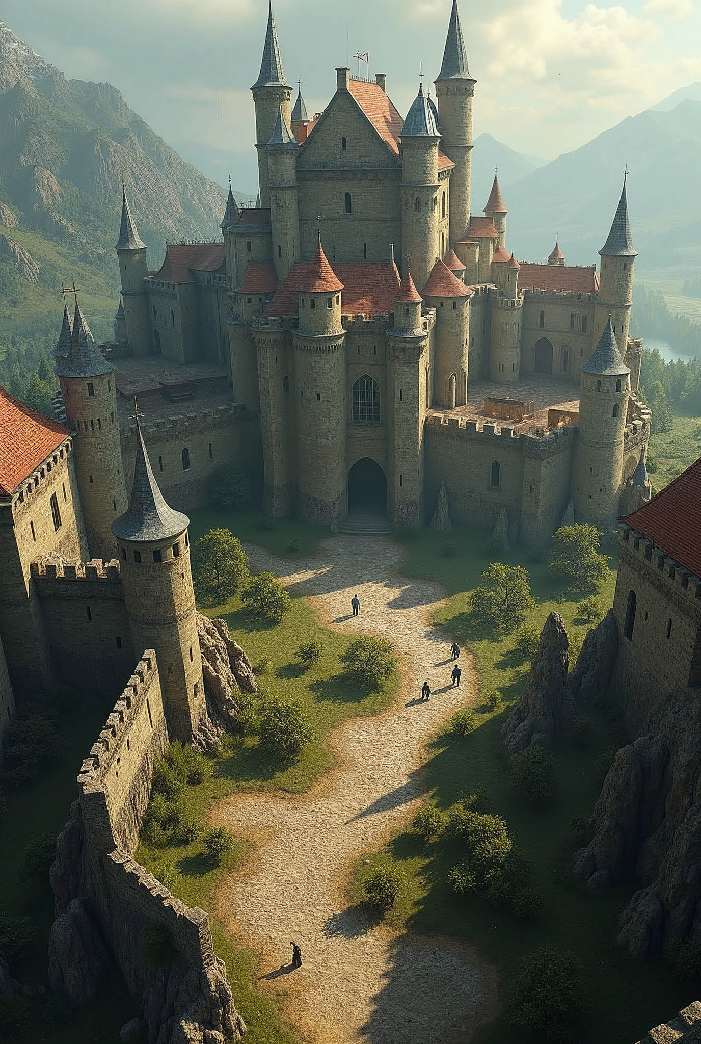 Aerial view of a fantasy kingdom with its walls and its people