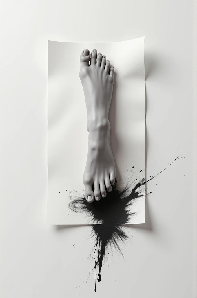 Image of a foot with ink stepping on paper and the other with the impression of the foot in ink