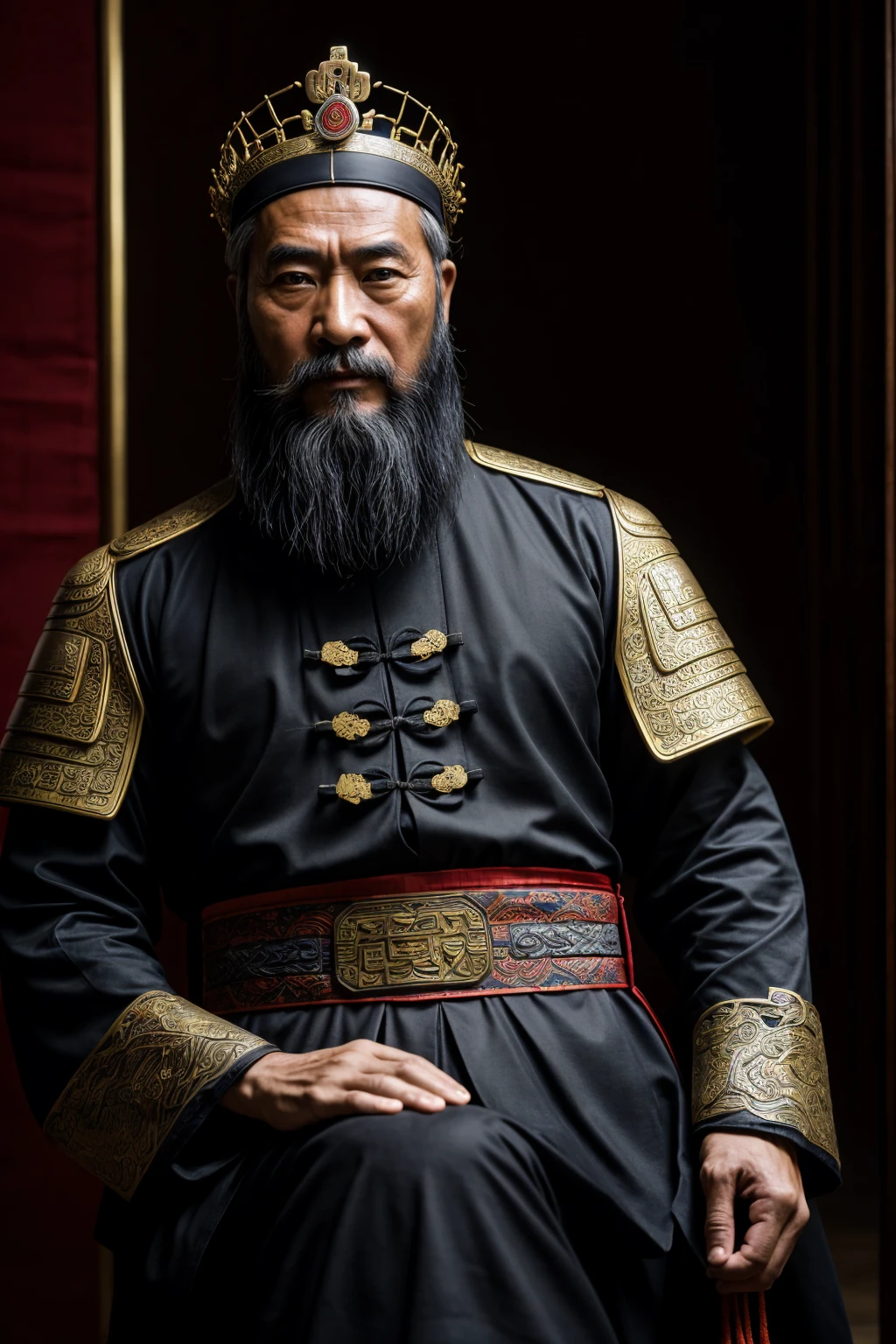 oriental、a adult man wearing ancient Chinese armor、old man with ancient chinese hairstyle, Chinese Empire, three kingdom、top-quality、masterpiece、超A high resolution、(Photorealsitic:1.4)、Black clothes、long beard, Imperial State Crown