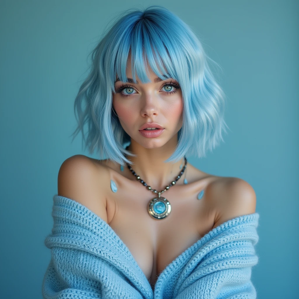(Best quality, 8k, 32k, Masterpiece, UHD:1.2),Photo of Pretty 18 teen american woman, large breasts, very short bob hair,upper body,face focus,(oversized_sweater,:1.1) necklace, background, looking at viewer, leaning forward, (((blue hair with sliver bangs))), (((vibrant light blue eyes))) (((award winning detail)) ((avatar makeup and popstar clothes)))