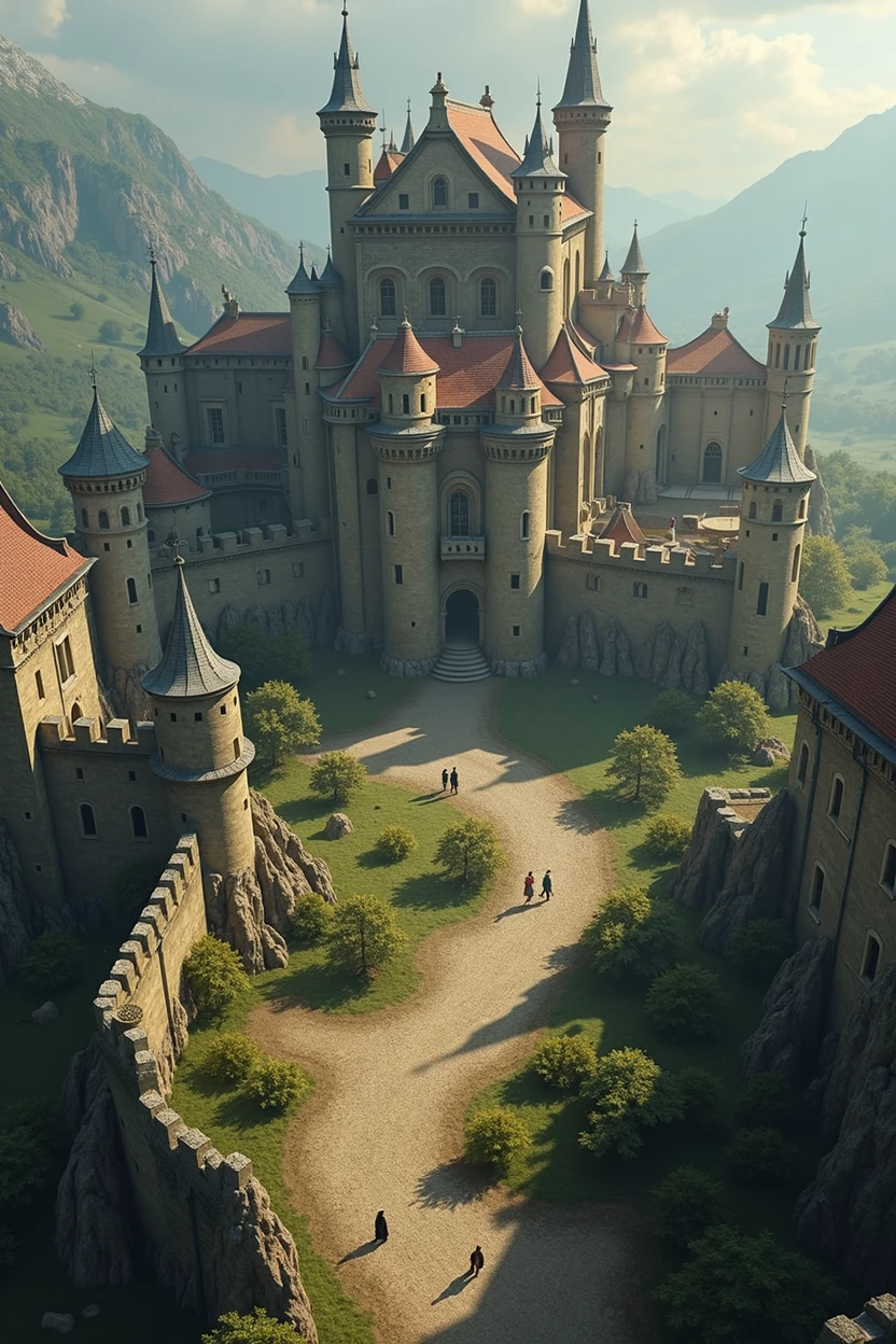 Aerial view of a fantasy kingdom with its walls and its people 