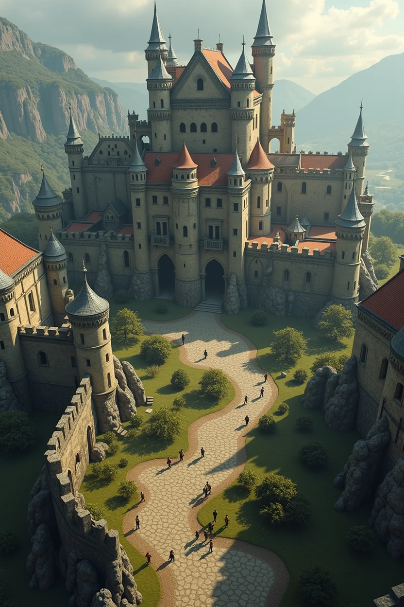 Aerial view of a fantasy kingdom with its walls and its people