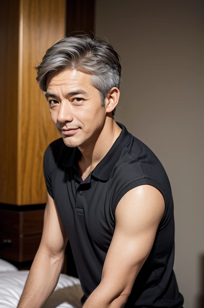 (studio lighting),(best qualtiy,high resolution:1.4),(Photorealistic,raw photo:1.2),(solo:1.2),(male:1.5),(asian:1.5),middle-aged man,(front view:1.3),(dark brown eyes:1.3),light smile,(handsome:1.3),modeled,((58 years old:1.5)),((gray hair:1.3)),(short hair:1.2),(polo shirt),(in the room, in a luxury hotel),