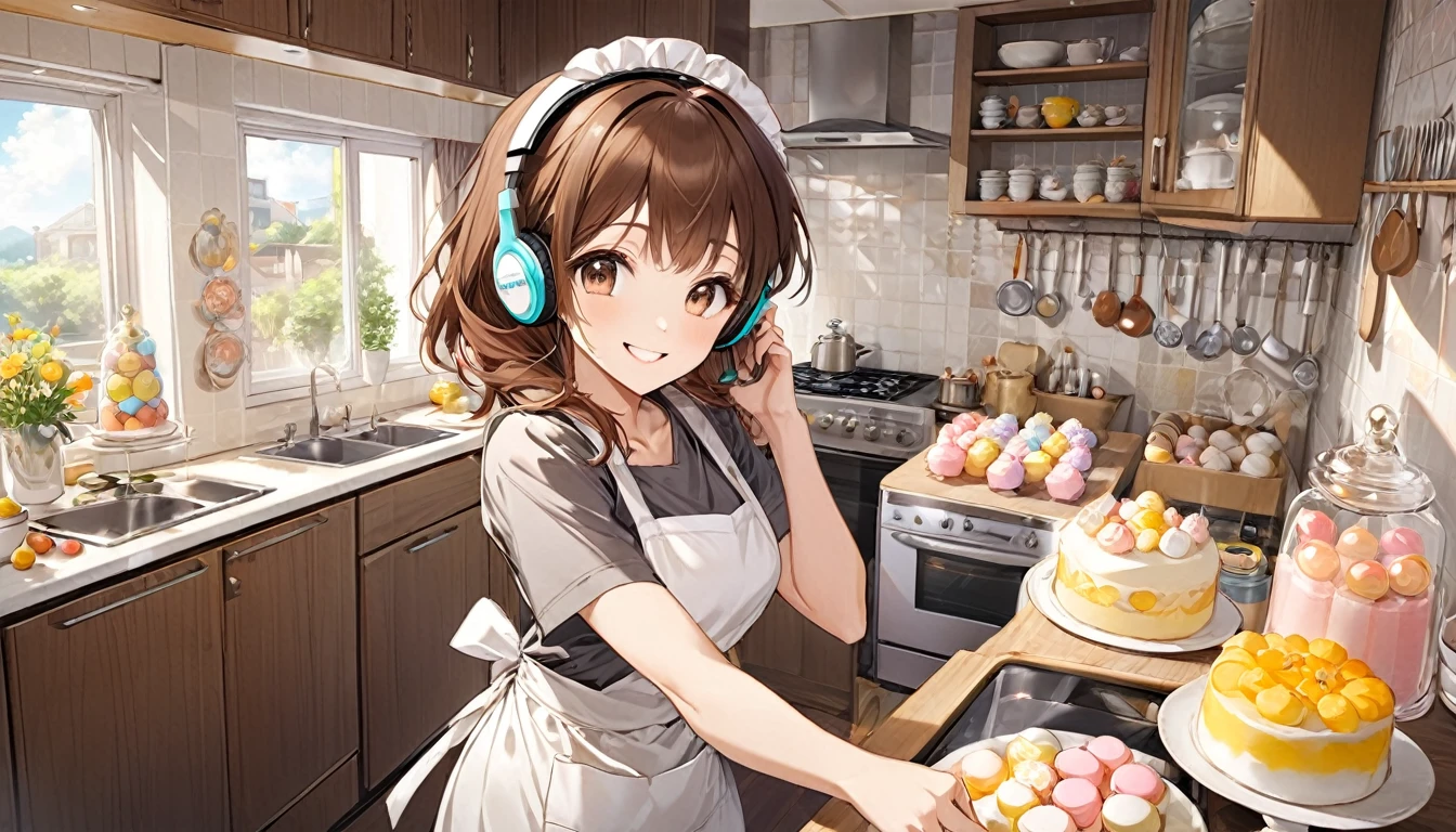 (Brown-haired girl wearing headphones), (Making sweets in the kitchen), (Very detailed, masterpiece, Highest quality, bright), (Anime Style)
background: Homely kitchen look: Happy smiling costume: Casual clothing pose with apron: While making sweets、Scene of people concentrating on their work: A sweet aroma fills the kitchen