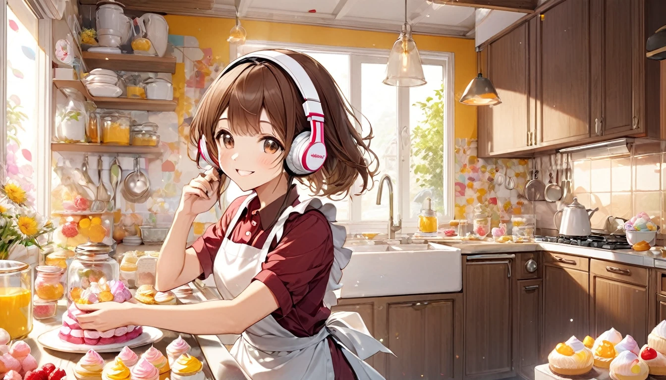 (Brown-haired girl wearing headphones), (Making sweets in the kitchen), (Very detailed, masterpiece, Highest quality, bright), (Anime Style)
background: Homely kitchen look: Happy smiling costume: Casual clothing pose with apron: While making sweets、Scene of people concentrating on their work: A sweet aroma fills the kitchen