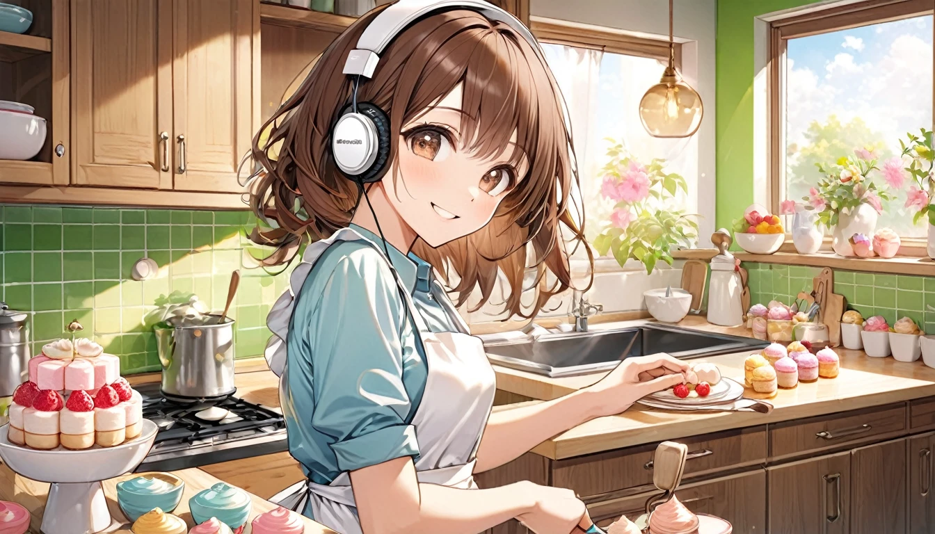 (Brown-haired girl wearing headphones), (Making sweets in the kitchen), (Very detailed, masterpiece, Highest quality, bright), (Anime Style)
background: Homely kitchen look: Happy smiling costume: Casual clothing pose with apron: While making sweets、Scene of people concentrating on their work: A sweet aroma fills the kitchen