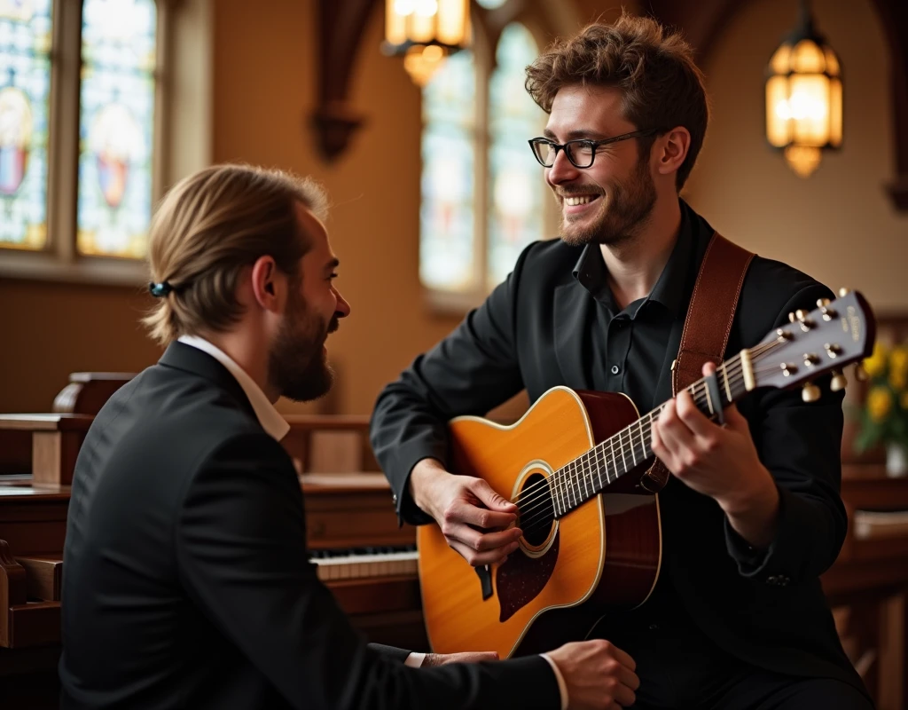 Create a photo of a smiling pianist and guitarist playing in church