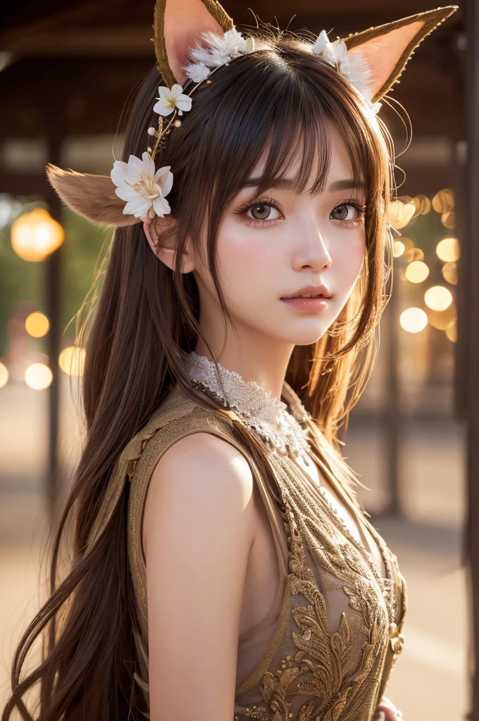 original, Intricate details, figure, masterpiece, Highly detailed CG Unity 8k wallpaper, highlight, whet, dynamic, Bokeh, , Beautiful girl with animals_Ears and Hair_ornament