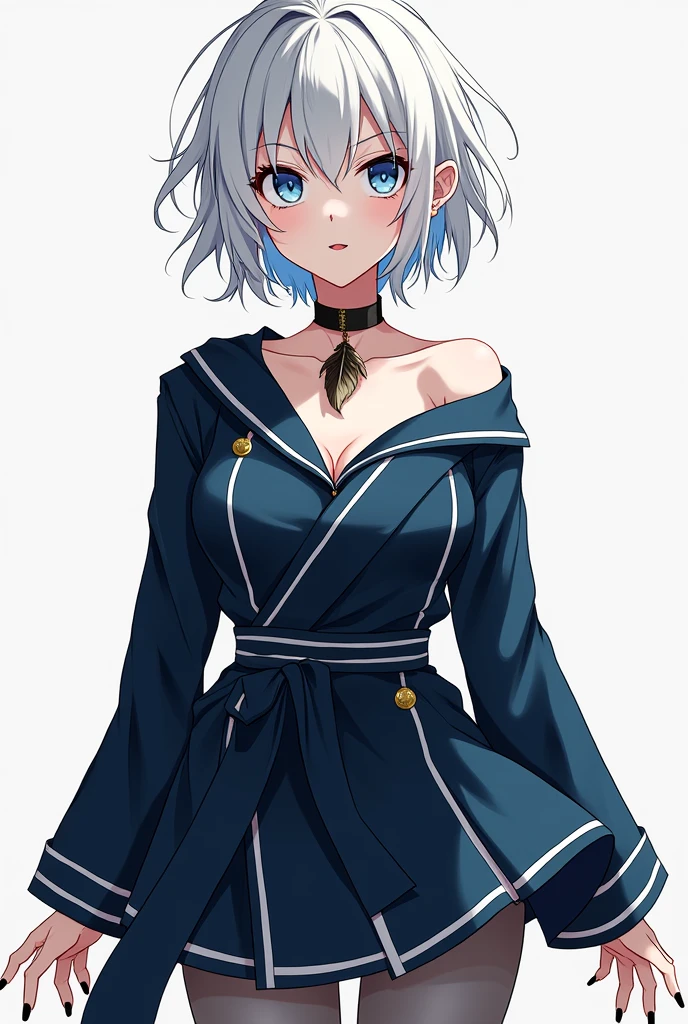 White hair unpicked short style,blue eyes,School uniform type suit with black obi with white details,Gold and Blue ,Uncovered shoulders ,black low heel shoes ,Gray tights ,Black choker with feather pendant ,Tez blanca,thin and with black lined eyes, With black lips ,not anime style ,in front pose,black nails,