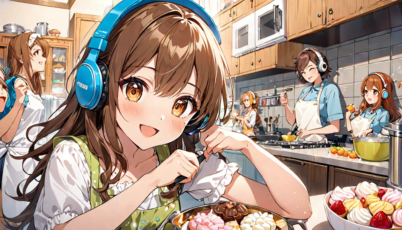 (Brown-haired girl wearing headphones), (Making sweets in the kitchen), (Very detailed, masterpiece, Highest quality, bright), (Anime Style)
background: Homely kitchen look: Happy smiling costume: Casual clothing pose with apron: While making sweets、Scene of people concentrating on their work: A sweet aroma fills the kitchen