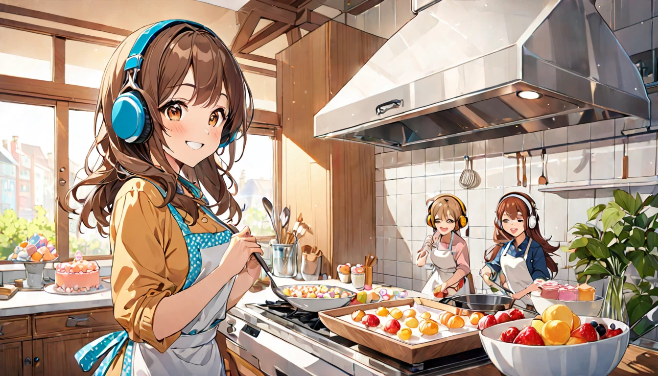 (Brown-haired girl wearing headphones), (Making sweets in the kitchen), (Very detailed, masterpiece, Highest quality, bright), (Anime Style)
background: Homely kitchen look: Happy smiling costume: Casual clothing pose with apron: While making sweets、Scene of people concentrating on their work: A sweet aroma fills the kitchen