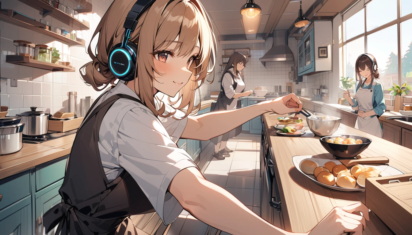 (Brown-haired girl wearing headphones), (Making sweets in the kitchen), (Very detailed, masterpiece, Highest quality, bright), (Anime Style)
background: Homely kitchen look: Happy smiling costume: Casual clothing pose with apron: While making sweets、Scene of people concentrating on their work: A sweet aroma fills the kitchen