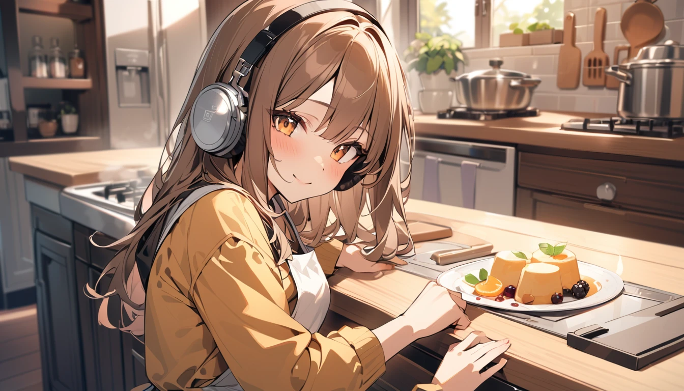 (Brown-haired girl wearing headphones), (Making sweets in the kitchen), (Very detailed, masterpiece, Highest quality, bright), (Anime Style)
background: Homely kitchen look: Happy smiling costume: Casual clothing pose with apron: While making sweets、Scene of people concentrating on their work: A sweet aroma fills the kitchen
