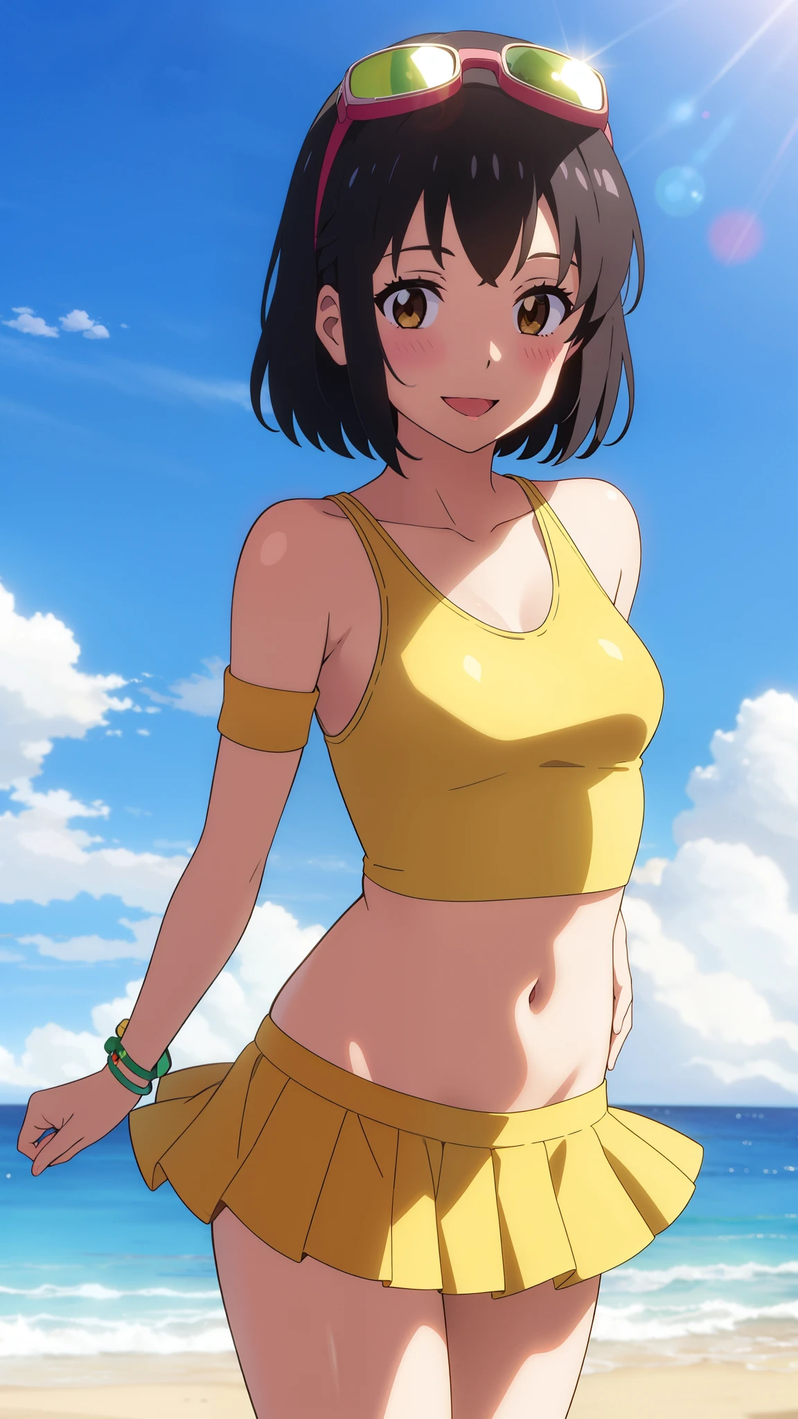 shinkai makoto, kimi no na wa., 1girl, bangs, black hair, blush, brown eyes, looking at the viewer, yellow frilly swimsuit, short hair, solo, shinny skin, smile, cute, open mouth, hair ornaments, armband, bracelet, navel, goggles on head, yellow short skirt, outdoors, cloudy, sunlight, beach background, (masterpiece), best quality, detailed body, detailed face