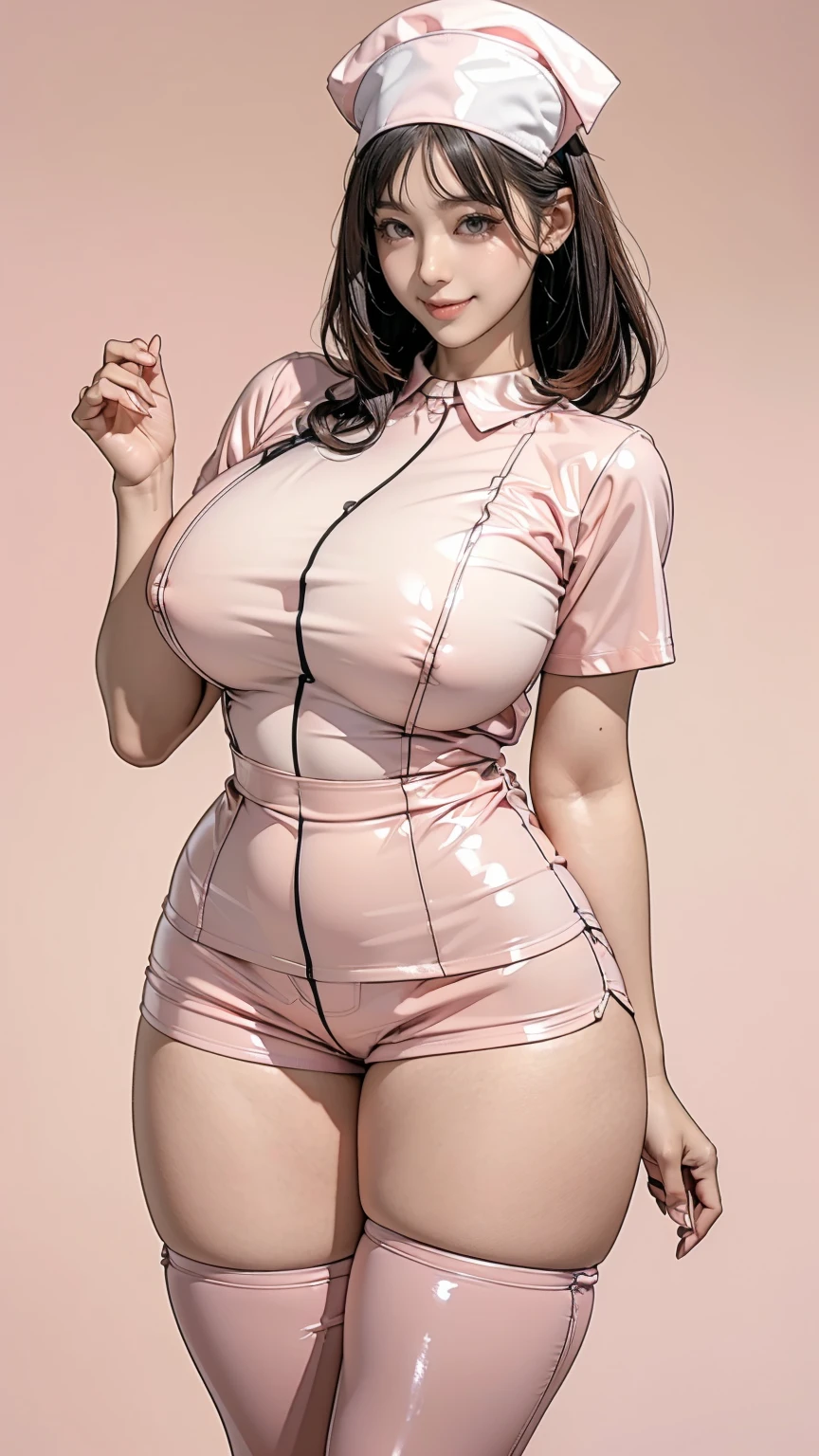 Blue blank background, (1girl:1.3), Photo from the waist up, Anatomically correct, Accurate Anatomy, (Fitted clothing, Camel Knob, A pale pink fitted latex shirt, Light pink latex hot pants, Nurse Style:1.3), Smiling with some teeth showing, (Thick thighs:1.2), (Her breasts are of normal size:1.3)