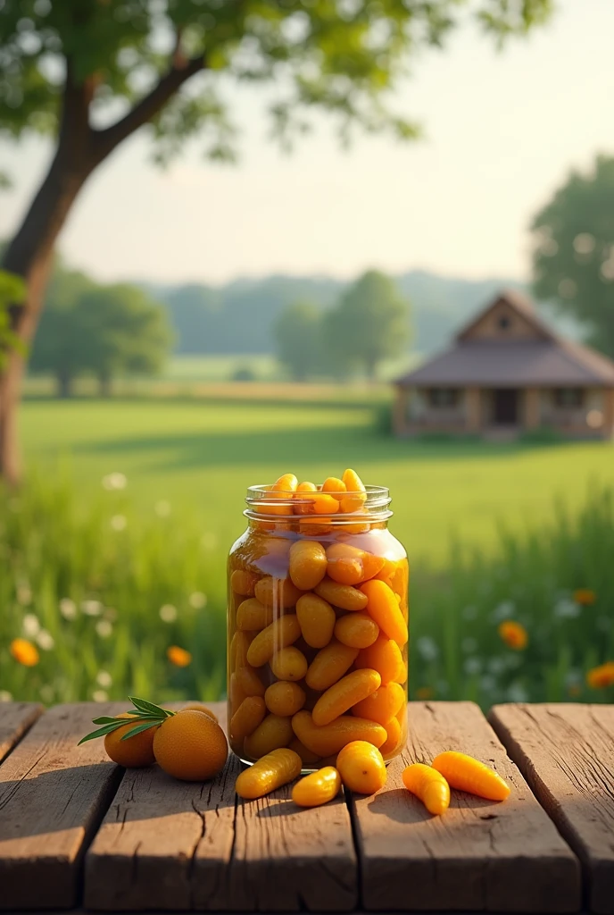 A jar of chicken pickle placed on a rustic wooden table with a natural farm background. The scene includes the jar prominently in the foreground, with some pickle pieces scattered around it on the table. The natural farm in the background should have elements like green fields, trees, and possibly a farmhouse in the distance. The overall lighting should be soft and natural, giving a warm and inviting feel to the image.