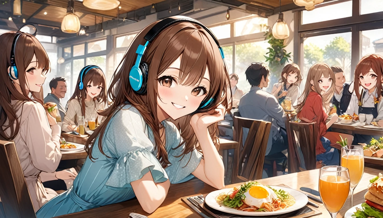 (Brown-haired girl wearing headphones), (Lunch with friends at a restaurant), (Very detailed, masterpiece, Highest quality, bright), (Anime Style)
background: Stylish restaurant look: Smiling costume having fun talking with friends: Cute casual dress pose: Sitting around the table、Scene of talking while moving hands: A fun lunch filled with laughter

