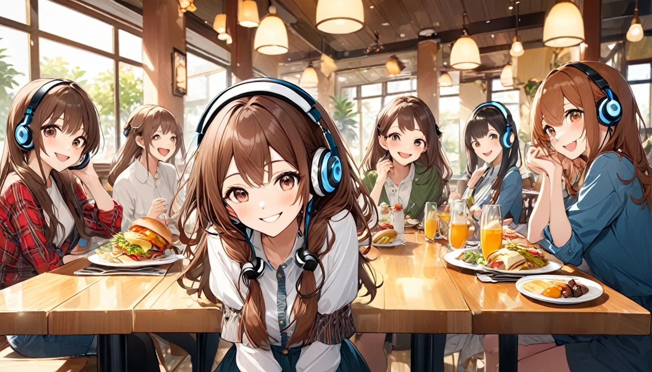 (Brown-haired girl wearing headphones), (Lunch with friends at a restaurant), (Very detailed, masterpiece, Highest quality, bright), (Anime Style)
background: Stylish restaurant look: Smiling costume having fun talking with friends: Cute casual dress pose: Sitting around the table、Scene of talking while moving hands: A fun lunch filled with laughter