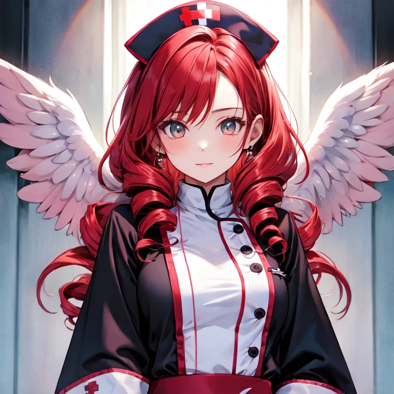 Cute Girls　Gothic Nurse Clothing　Red hair　Drill Hair　真front　Angel&#39;s wing　Devil&#39;s Tail　tooth　Background white　Upper Body　　One person　front　Big Tits　smile　garter belt　Patsunpatsun　Sweat　Embarrassed　邪悪なsmile、((Grin))