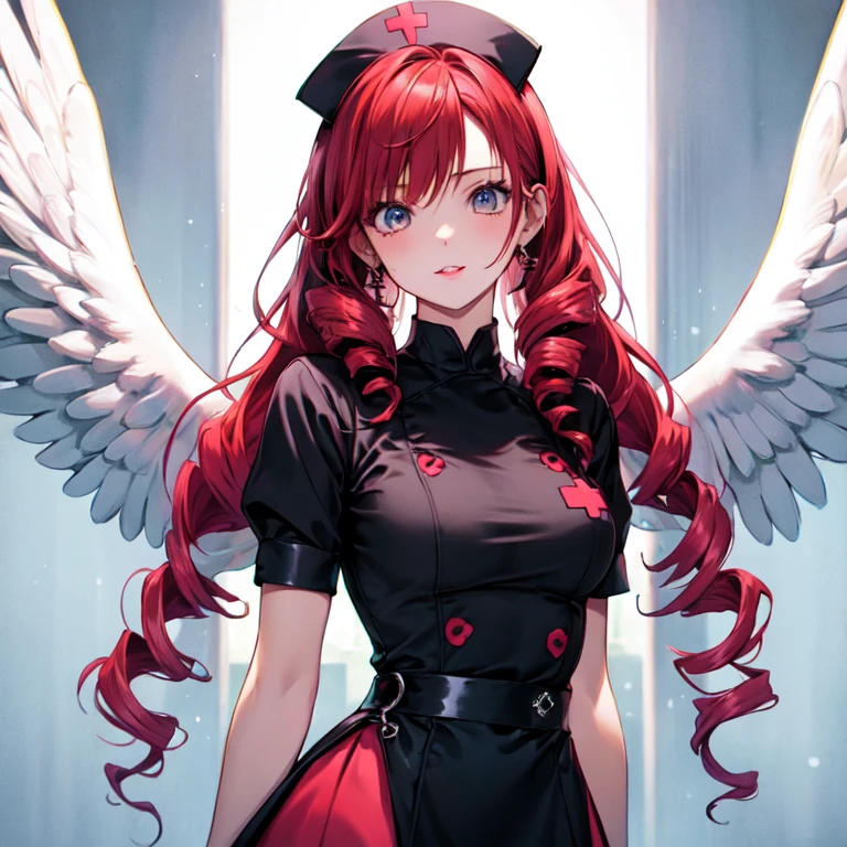 Cute Girls　Gothic Nurse Clothing　Red hair　Drill Hair　真front　Angel&#39;s wing　Devil&#39;s Tail　tooth　Background white　Upper Body　　One person　front　Big Tits　smile　garter belt　Patsunpatsun　Sweat　Embarrassed　邪悪なsmile、((Grin))