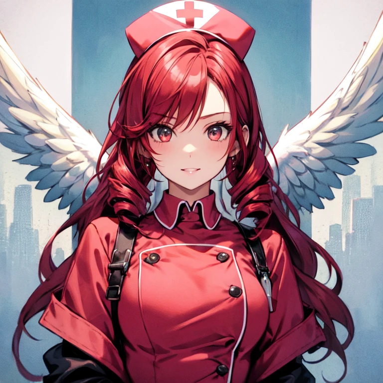 Cute Girls　Gothic Nurse Clothing　Red hair　Drill Hair　真front　Angel&#39;s wing　Devil&#39;s Tail　tooth　Background white　Upper Body　　One person　front　Big Tits　smile　garter belt　Patsunpatsun　Sweat　Embarrassed　邪悪なsmile、((Grin))